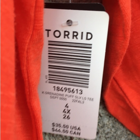 Torrid 4 Super Soft Women's Orange Slub Jersey Long Puff Sleeve T-Shirt 4X NWT - Picture 11 of 11